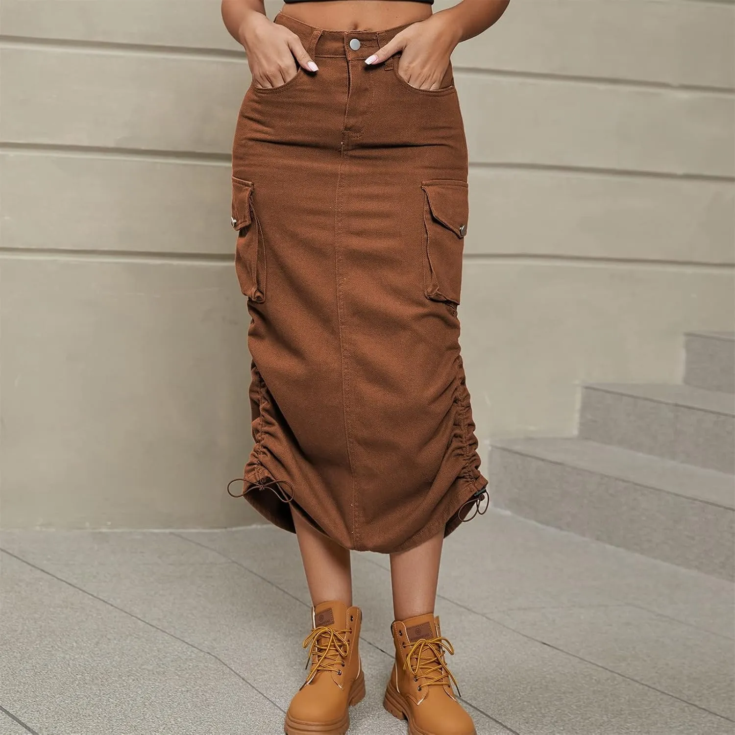 Women Cargo Skirt Casual High Waist Long Skirt Autumn Retro Solid Midi Skirts with Pocket Pencil Skirt for Women