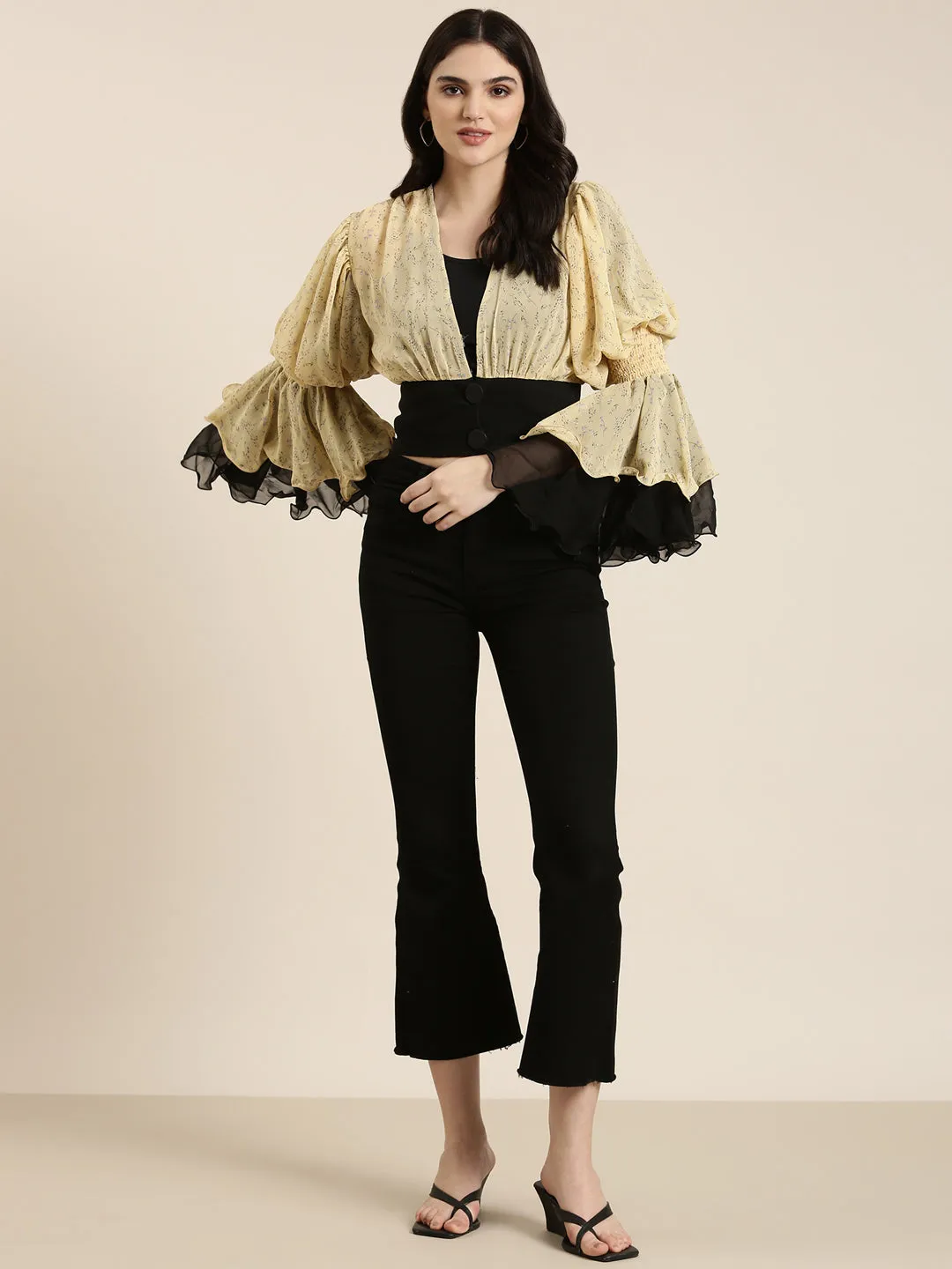 Women Yellow Floral Printed Flared Sleeve Layered Chiffon Crop Top