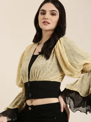 Women Yellow Floral Printed Flared Sleeve Layered Chiffon Crop Top