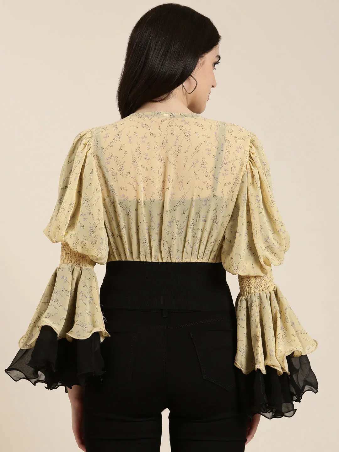Women Yellow Floral Printed Flared Sleeve Layered Chiffon Crop Top