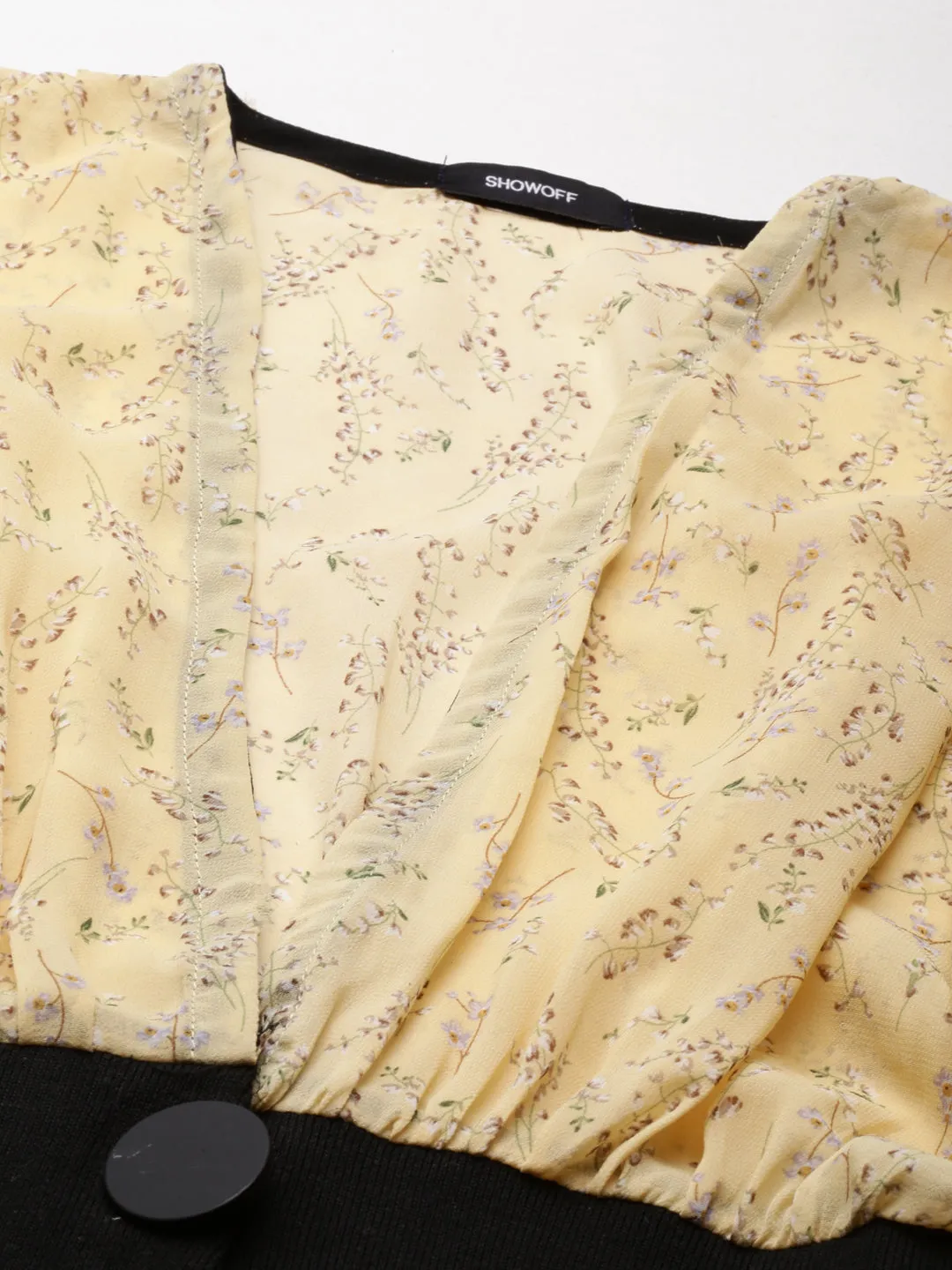 Women Yellow Floral Printed Flared Sleeve Layered Chiffon Crop Top