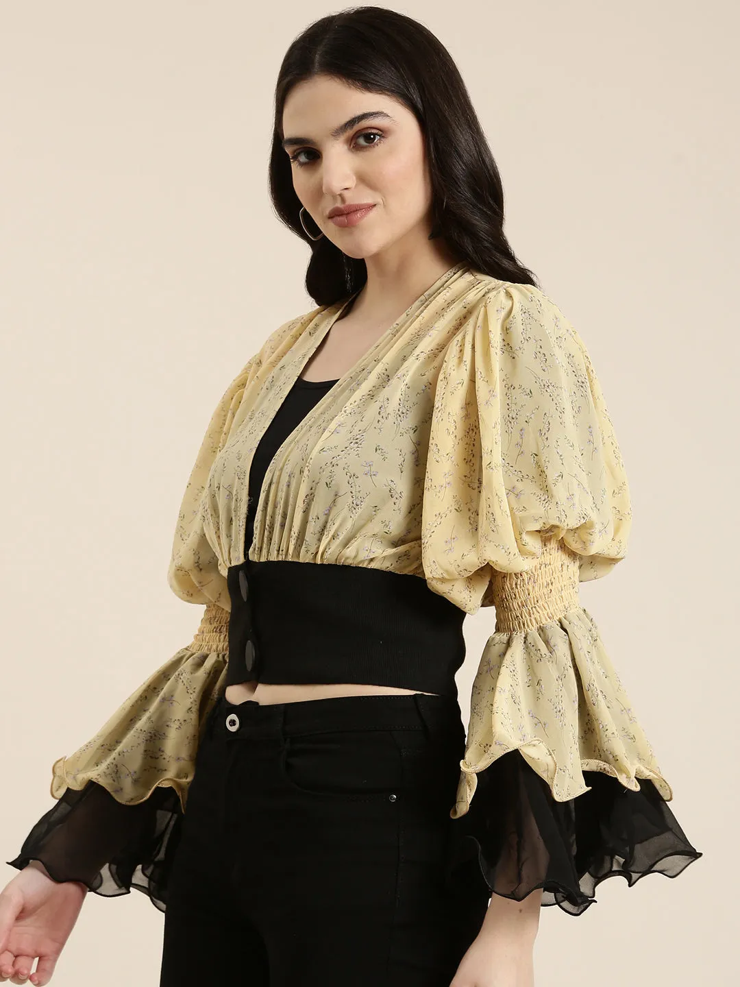Women Yellow Floral Printed Flared Sleeve Layered Chiffon Crop Top