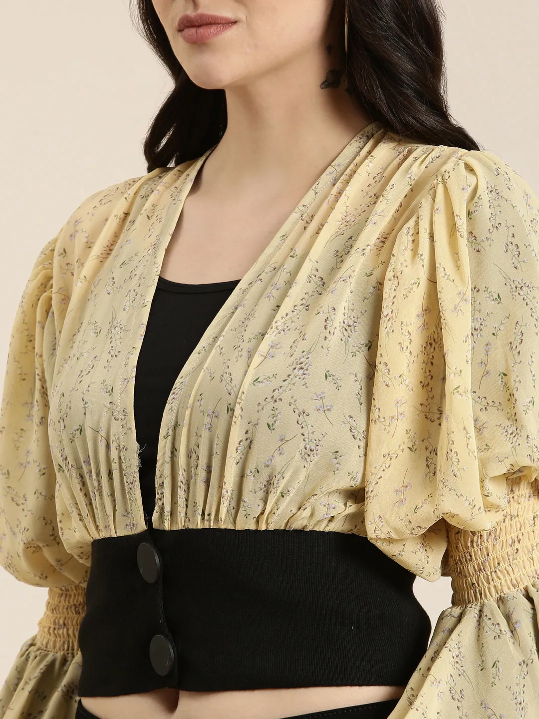Women Yellow Floral Printed Flared Sleeve Layered Chiffon Crop Top