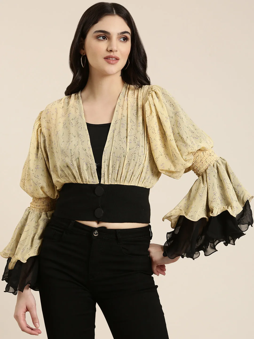 Women Yellow Floral Printed Flared Sleeve Layered Chiffon Crop Top