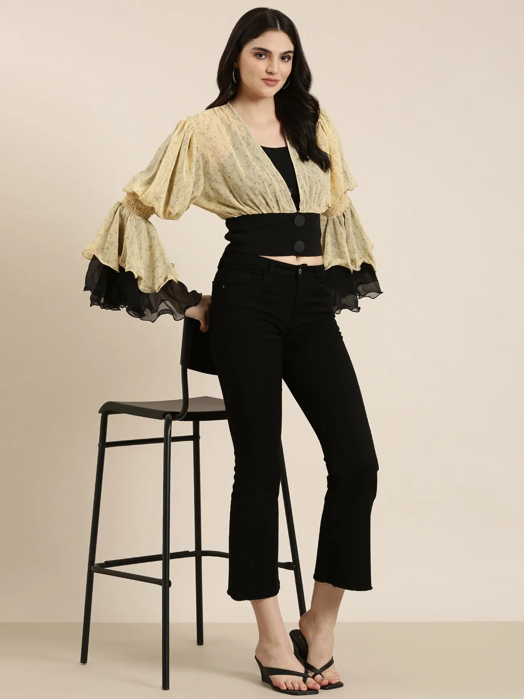 Women Yellow Floral Printed Flared Sleeve Layered Chiffon Crop Top