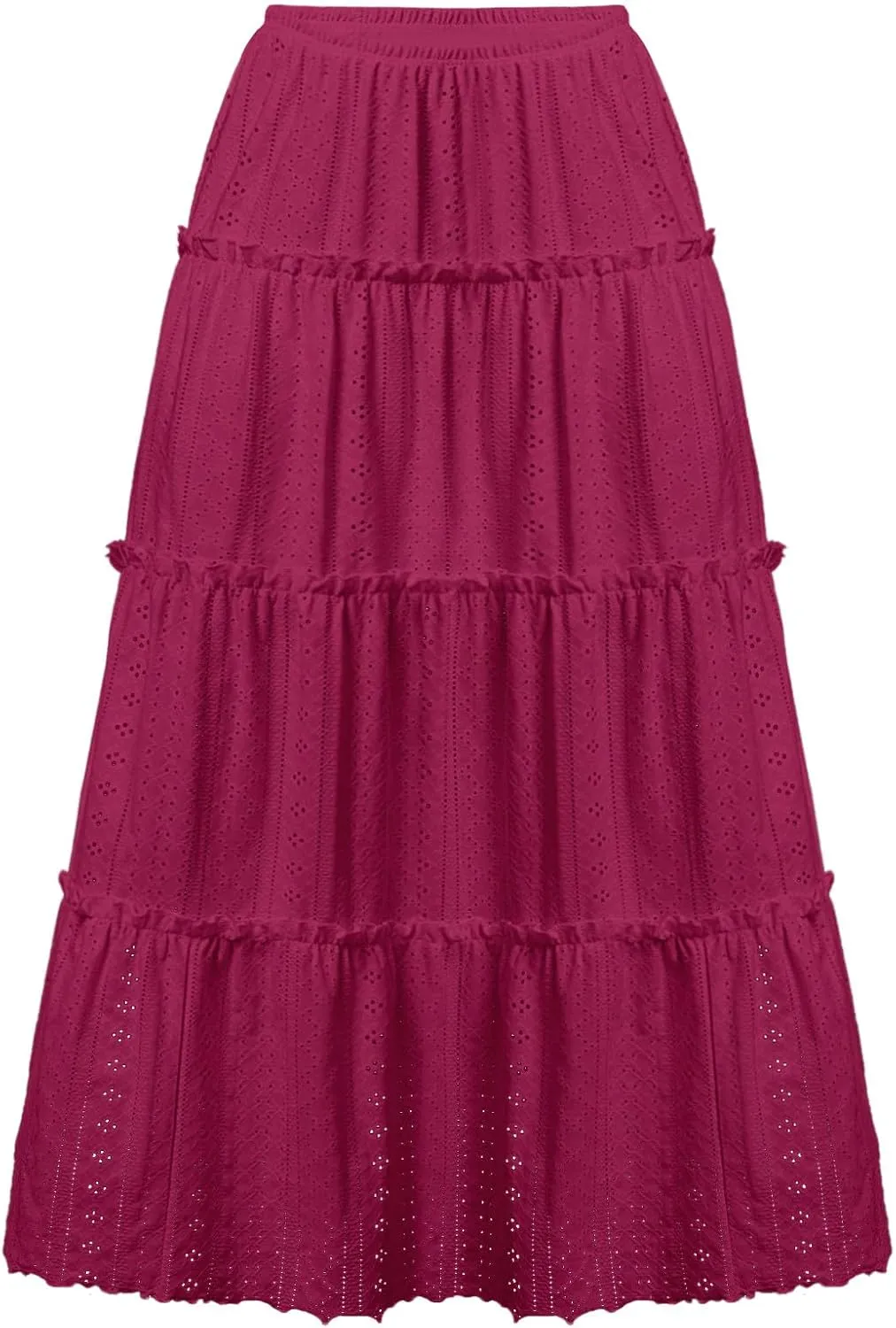 Women's High Rise Tiered Frill Ruffled Flowy Skirts Casual Summer Loose Fit Eyelet Pleated Swing A Line Midi Skirt