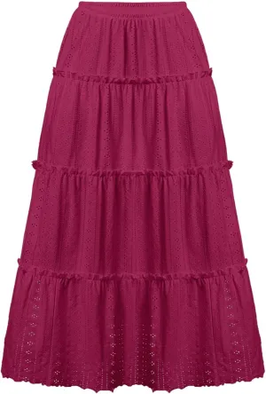 Women's High Rise Tiered Frill Ruffled Flowy Skirts Casual Summer Loose Fit Eyelet Pleated Swing A Line Midi Skirt