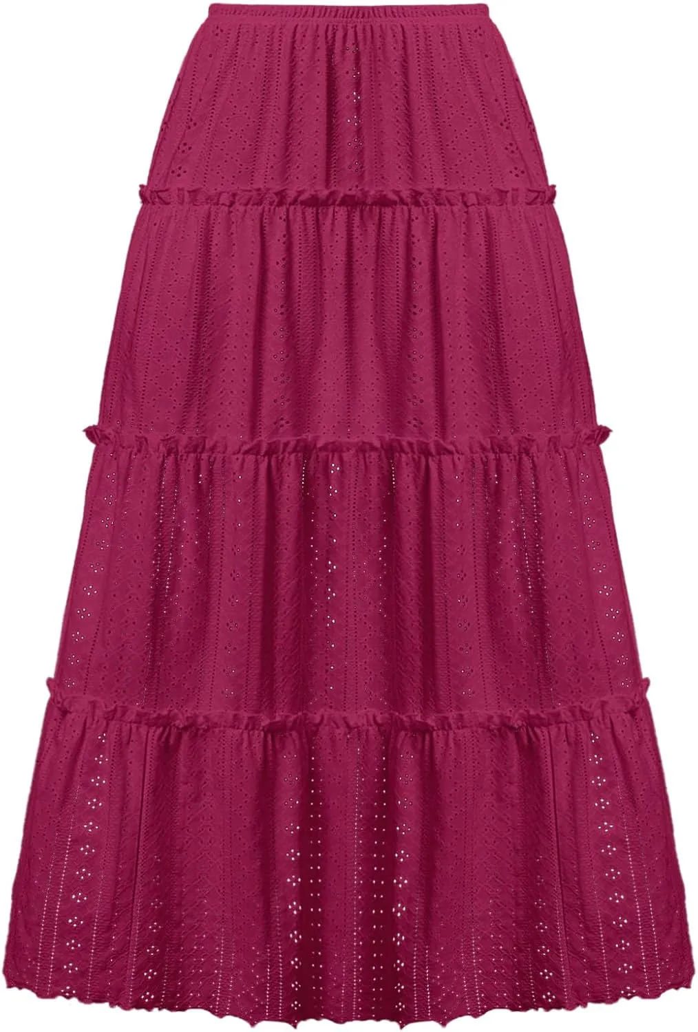 Women's High Rise Tiered Frill Ruffled Flowy Skirts Casual Summer Loose Fit Eyelet Pleated Swing A Line Midi Skirt