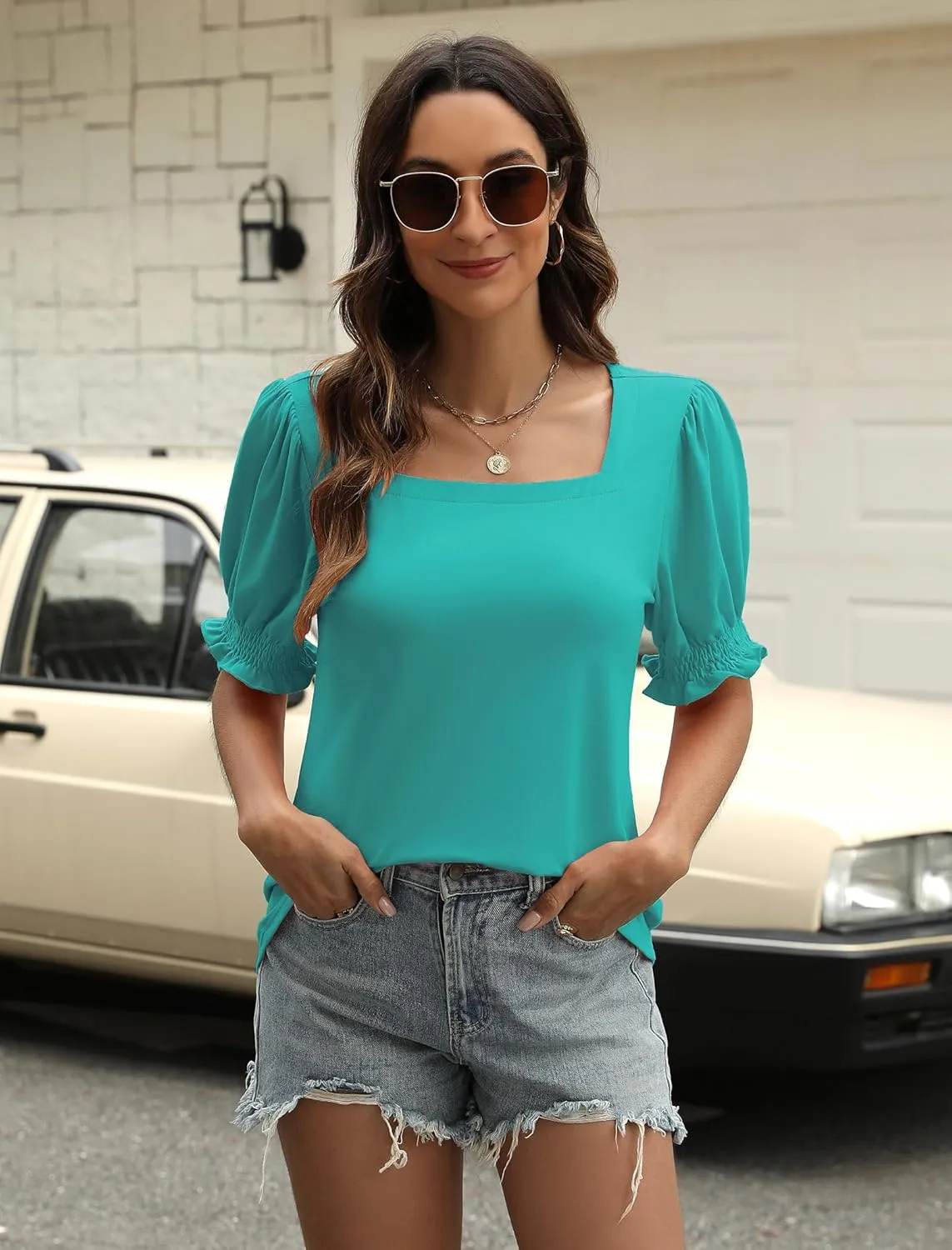 Women’s Square Neck Puff Sleeve Top Short Sleeve Casual Smocked Cuff Blouse for Summer Outfits Tee Shirts