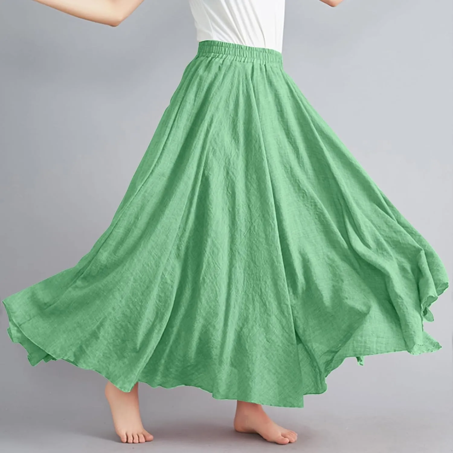 Womens Summer Flowy Swing Tiered A-Line Midi Skirt Fashion Trendy Casual Elastic Waist Pleated Long Beach Skirts