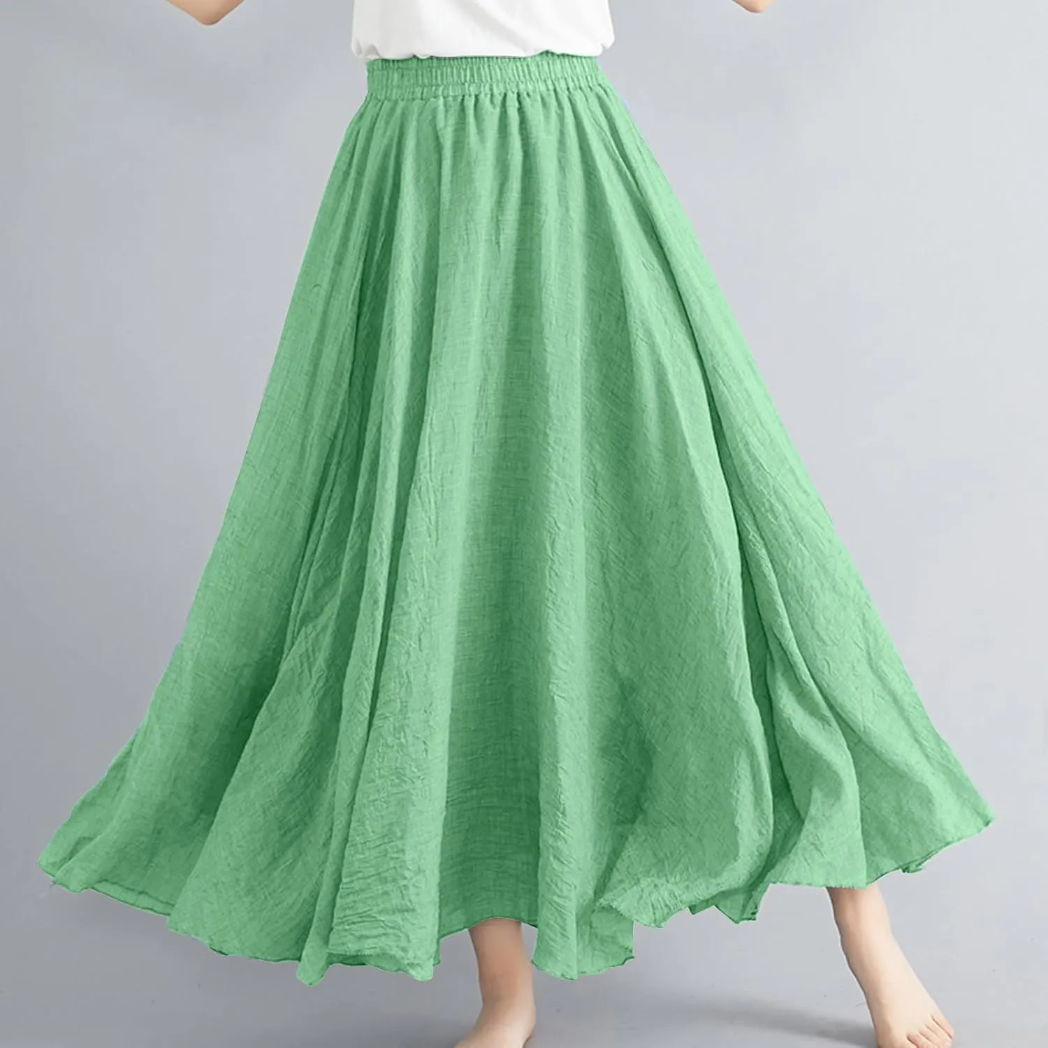 Womens Summer Flowy Swing Tiered A-Line Midi Skirt Fashion Trendy Casual Elastic Waist Pleated Long Beach Skirts