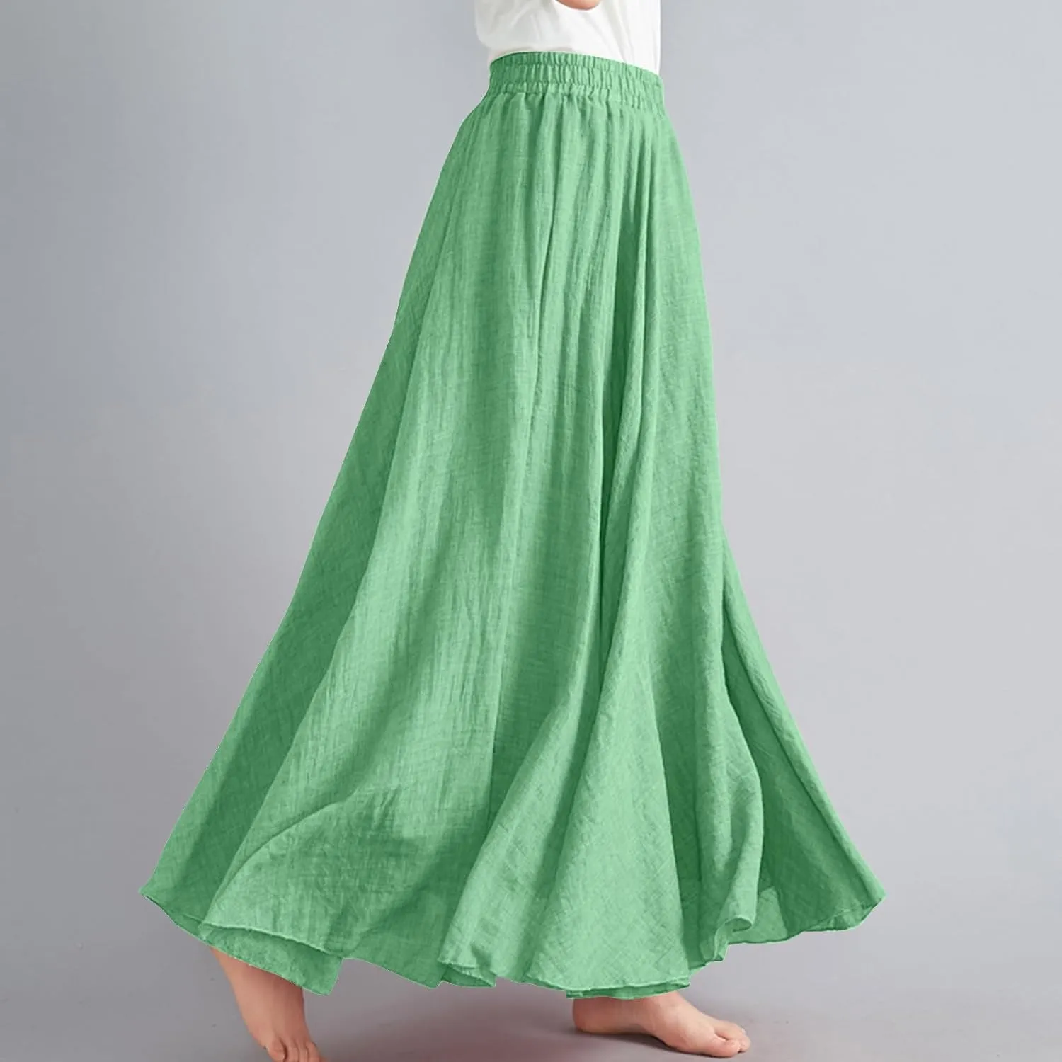 Womens Summer Flowy Swing Tiered A-Line Midi Skirt Fashion Trendy Casual Elastic Waist Pleated Long Beach Skirts