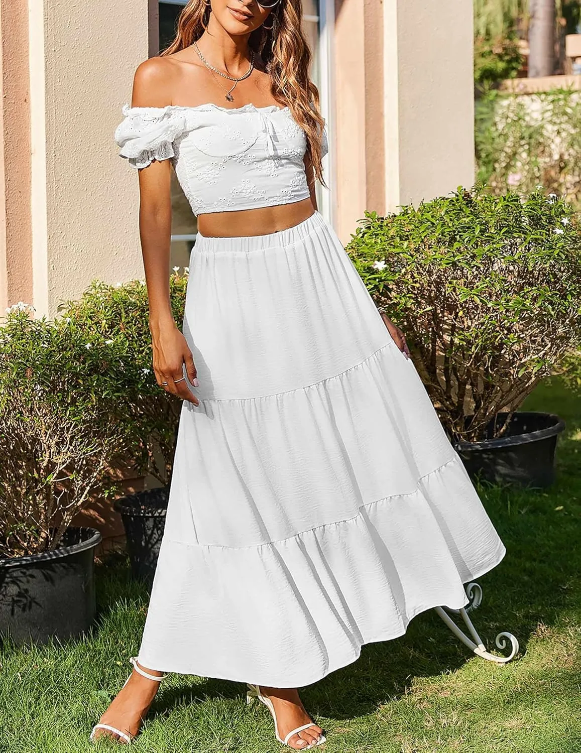 Zeagoo Skirts for Women Summer Boho Casual Maxi Flowy Elastic High Waist A-Line Tiered Swing Floral Long Skirts with Pockets