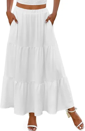 Zeagoo Skirts for Women Summer Boho Casual Maxi Flowy Elastic High Waist A-Line Tiered Swing Floral Long Skirts with Pockets