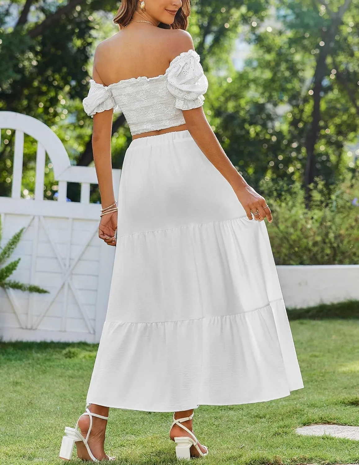 Zeagoo Skirts for Women Summer Boho Casual Maxi Flowy Elastic High Waist A-Line Tiered Swing Floral Long Skirts with Pockets